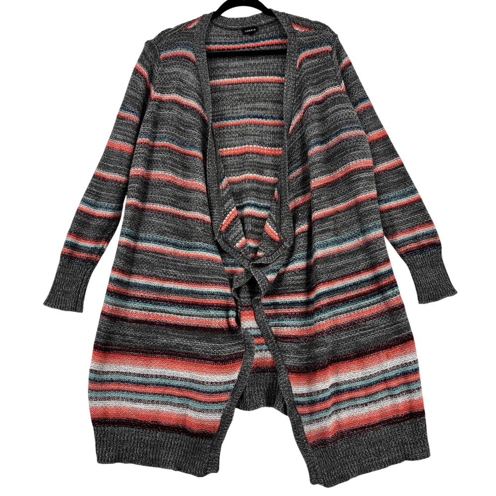 Torrid Open Cardigan Sweater Size 2X Gray Multicolor Stripe Drapey Long Tunic